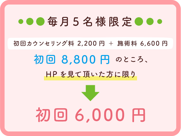 毎月５名様限定 初回カウンセリング料2,200円＋施術料6,600円→初回8,800円のところHPを見て頂いた方に限り→初回6,000円