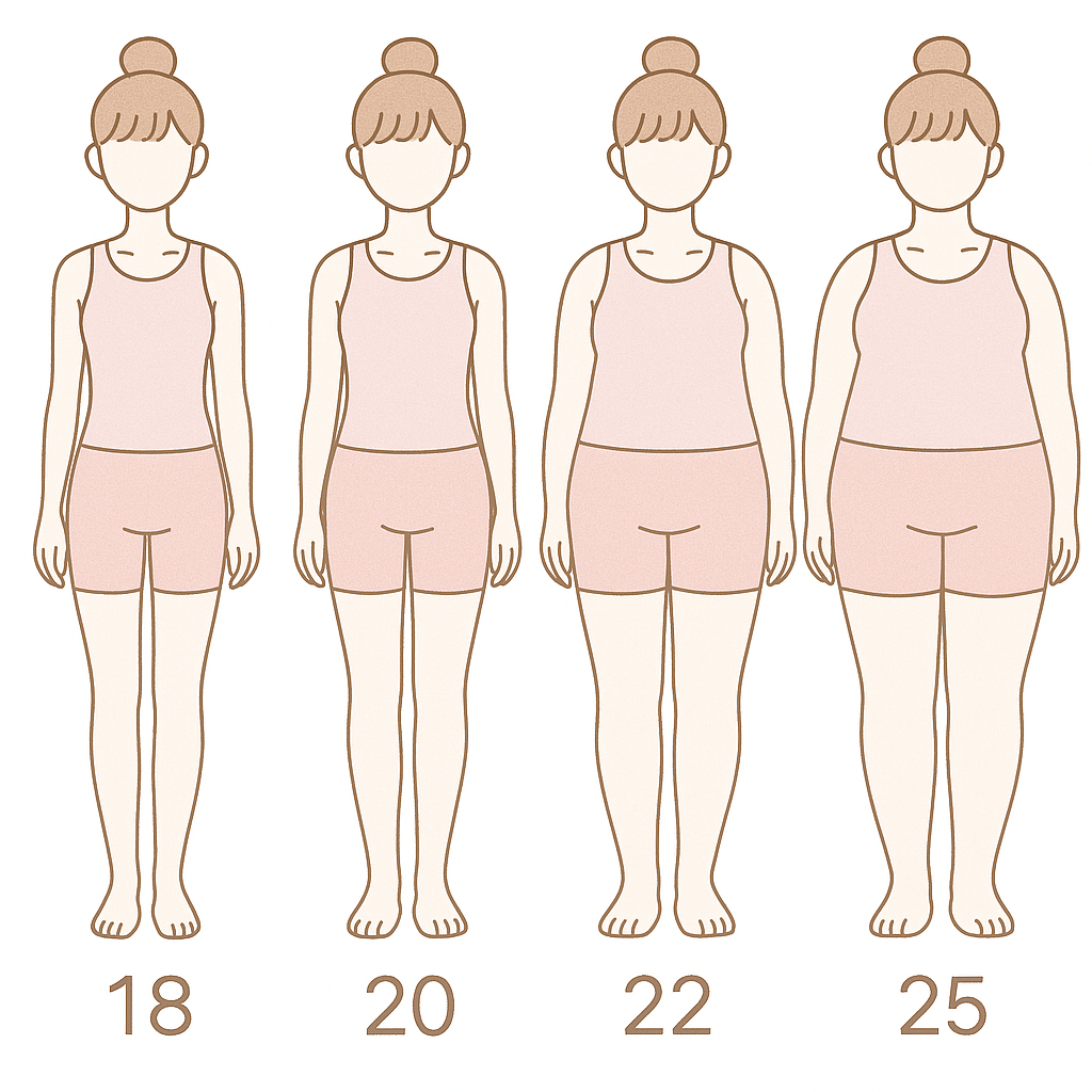 BMI別の体型のイメージイラスト(シンデレラ体重、美容体重、標準体重、軽度肥満)