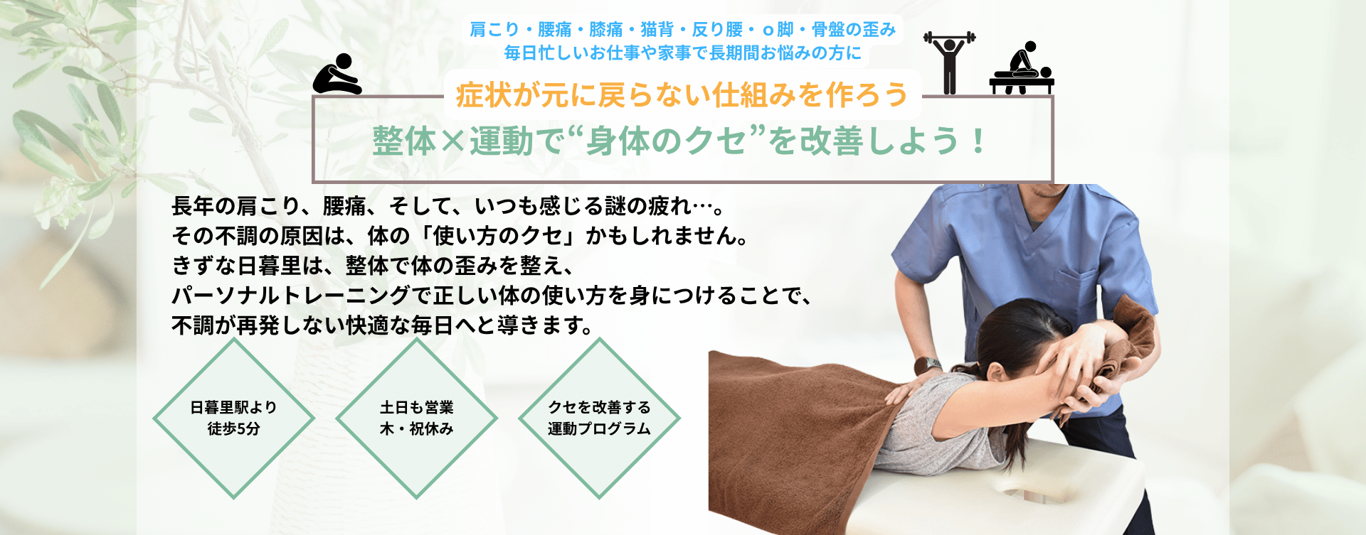 日暮里の整体とパーソナルトレーニングによる姿勢改善。肩こり・腰痛が元に戻らない仕組みを作る施術。